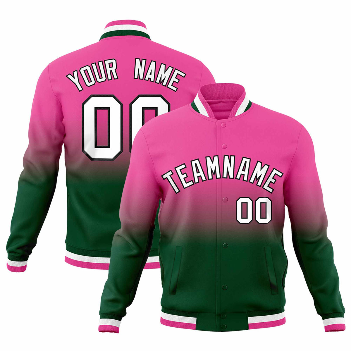 Custom Green Pink Full-Snap Varsity Personalization Gradient Fashion Letterman Jacket