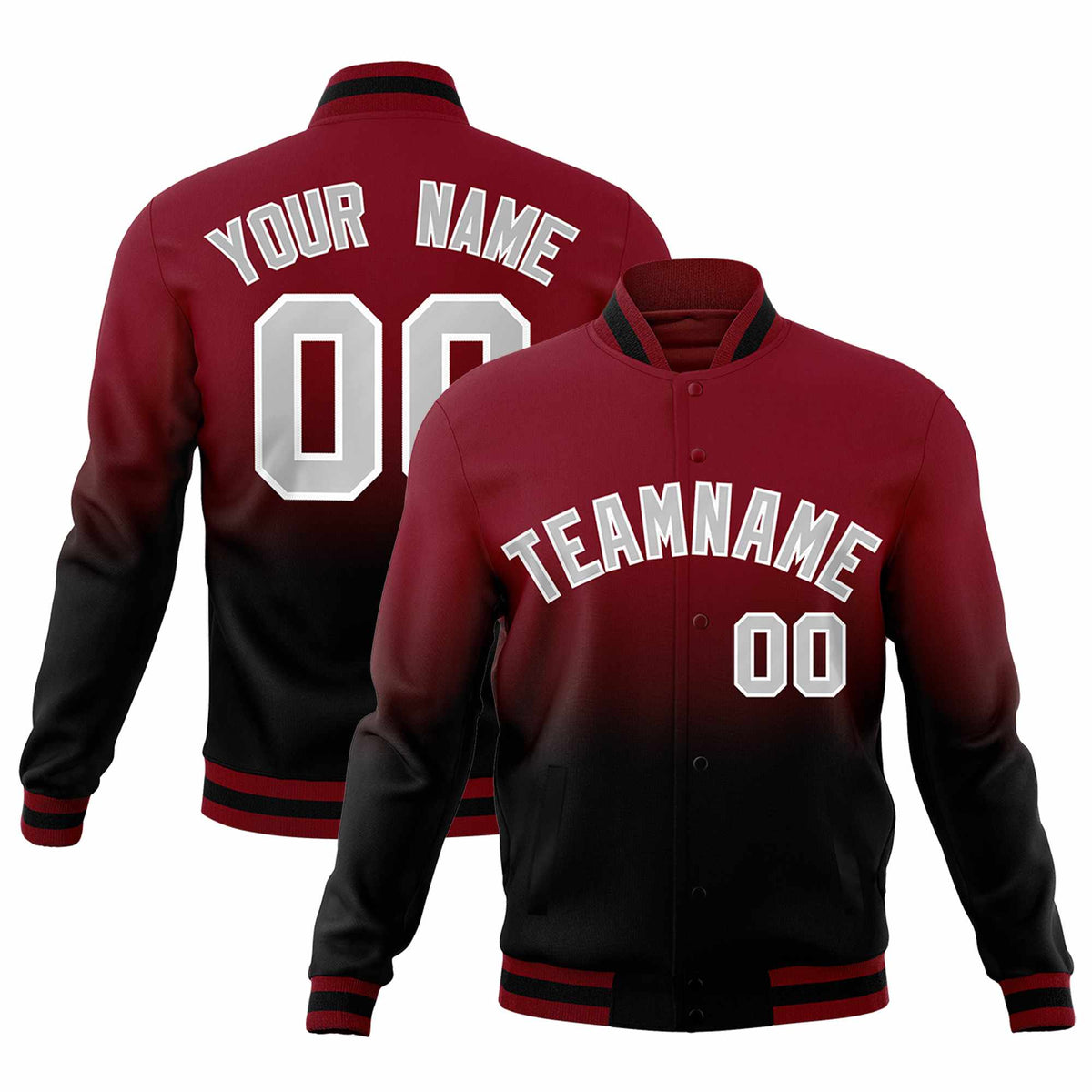 Custom Crimson Black Full-Snap Varsity Personalization Gradient Fashion Letterman Jacket