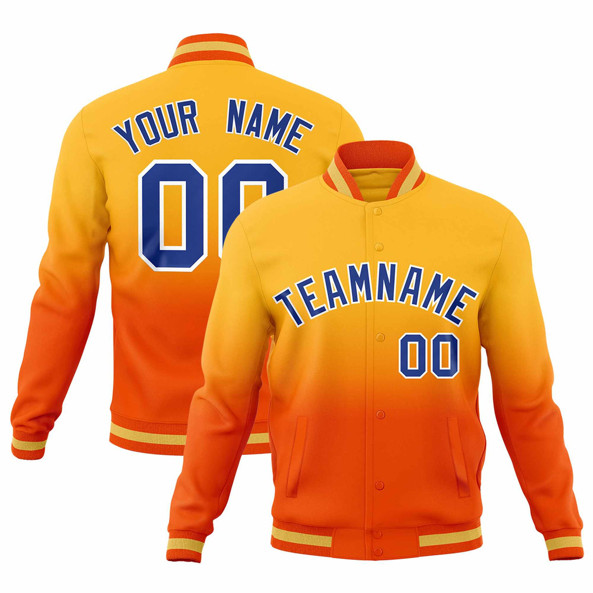 Custom Orange Gold Full-Snap Varsity Personalization Gradient Fashion Letterman Jacket