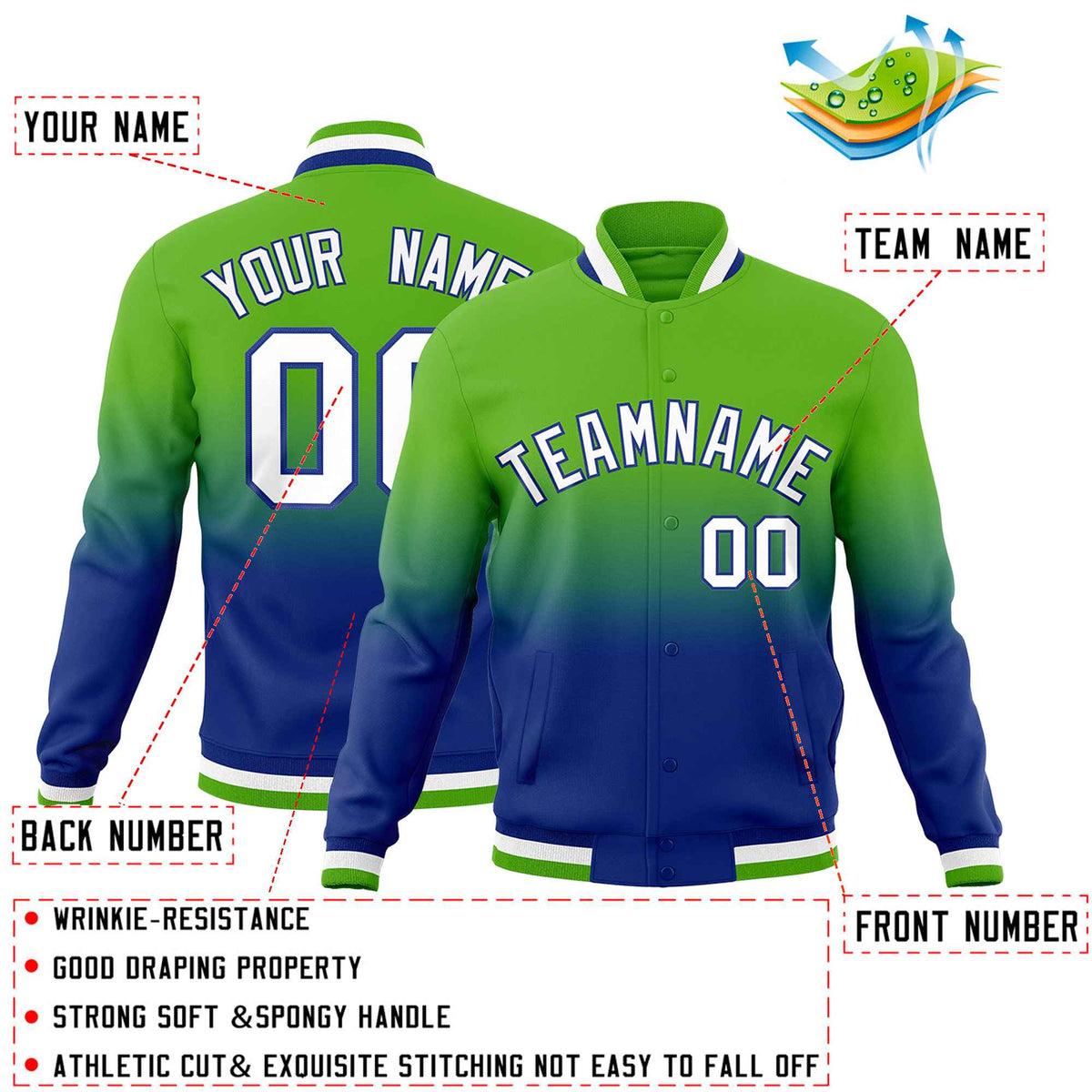Custom Royal Green Full-Snap Varsity Personalization Gradient Fashion Letterman Jacket