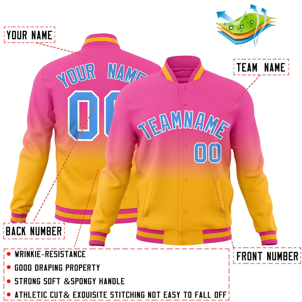 Custom Pink Gold Full-Snap Varsity Personalization Gradient Fashion Letterman Jacket