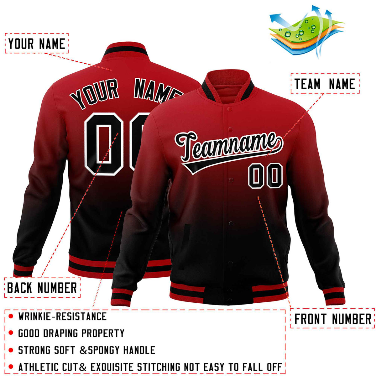 Custom Red Black Full-Snap Varsity Personalization Gradient Fashion Letterman Jacket| KXKSHOP