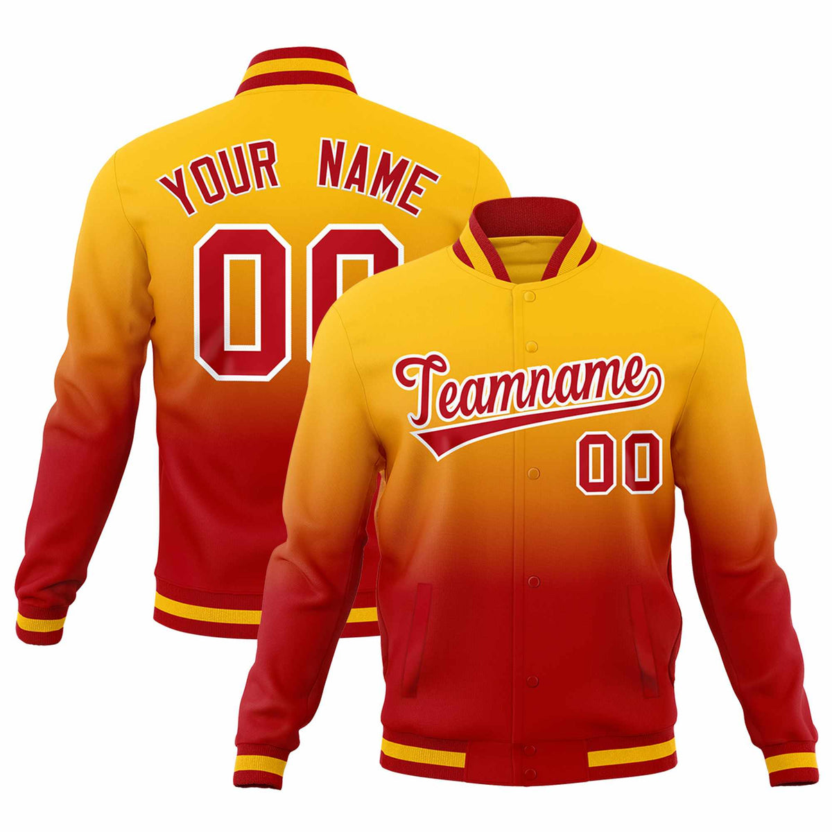 Custom Yellow Red Full-Snap Varsity Personalization Gradient Fashion Letterman Jacket| KXKSHOP