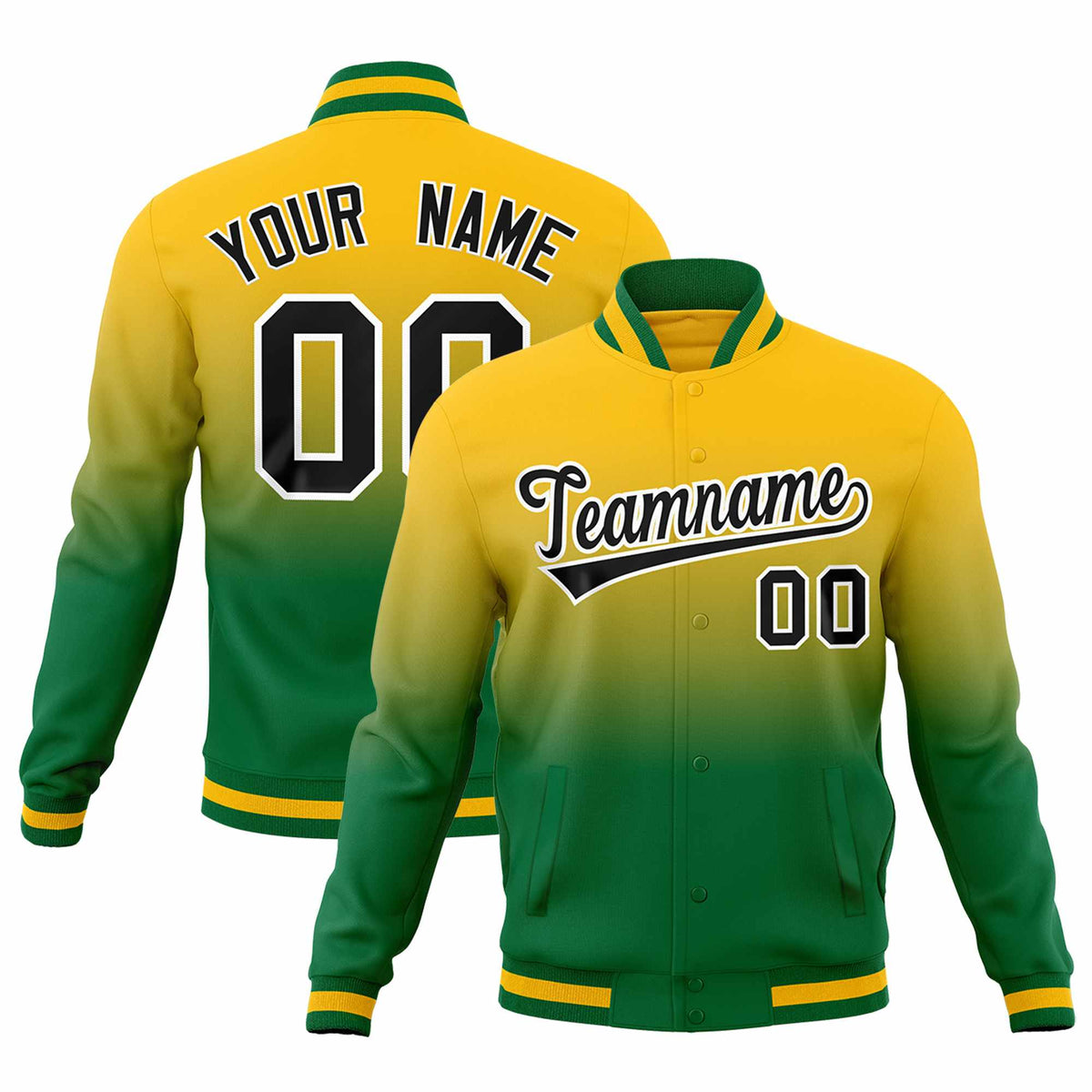 Custom Yellow Kelly Green Full-Snap Varsity Personalization Gradient Fashion Letterman Jacket| KXKSHOP