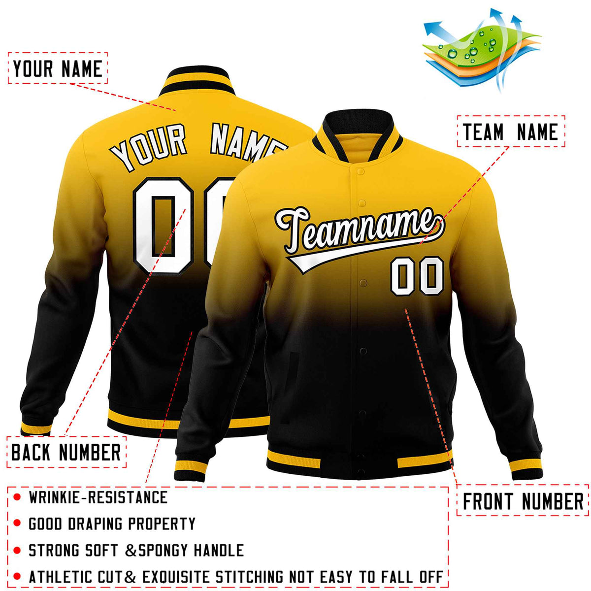 Custom Yellow Black Full-Snap Varsity Personalization Gradient Fashion Letterman Jacket| KXKSHOP