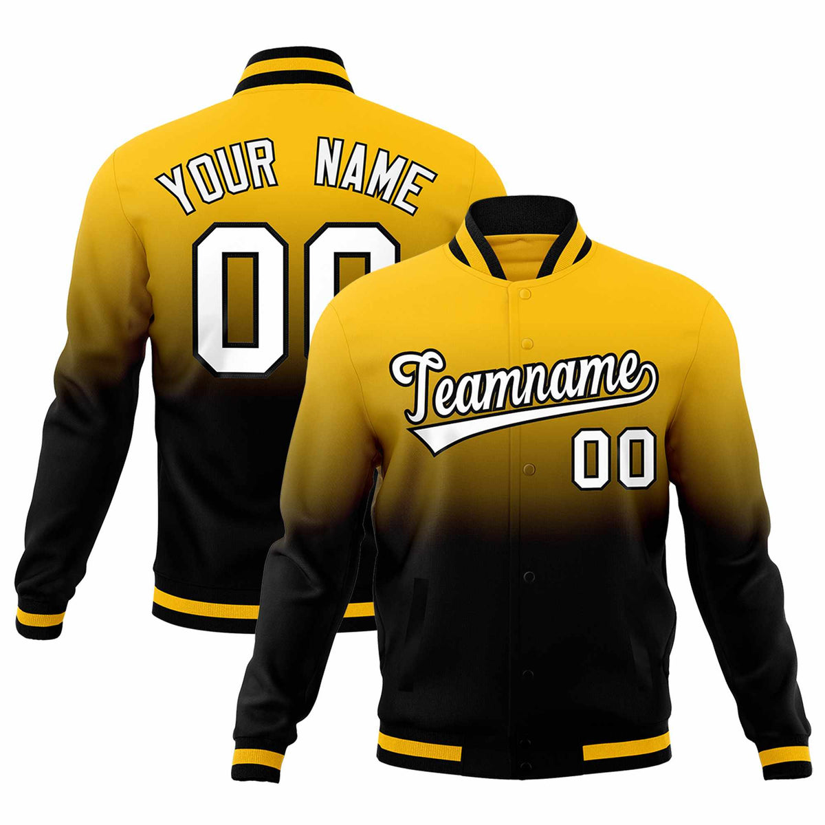 Custom Yellow Black Full-Snap Varsity Personalization Gradient Fashion Letterman Jacket| KXKSHOP
