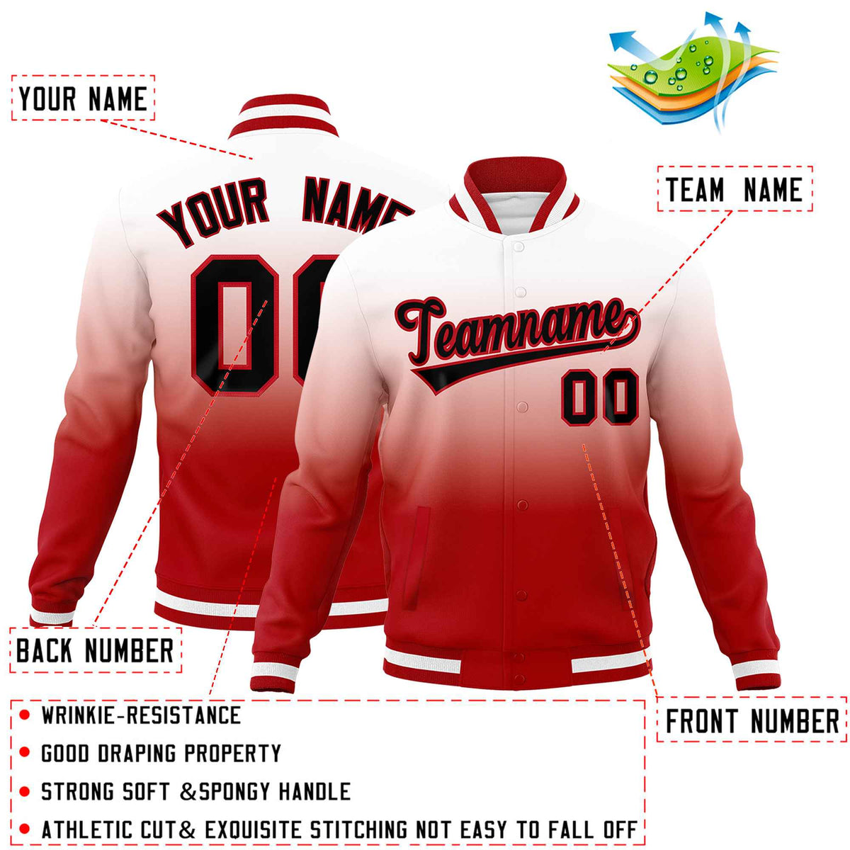 Custom White Red Full-Snap Varsity Personalization Gradient Fashion Letterman Jacket| KXKSHOP
