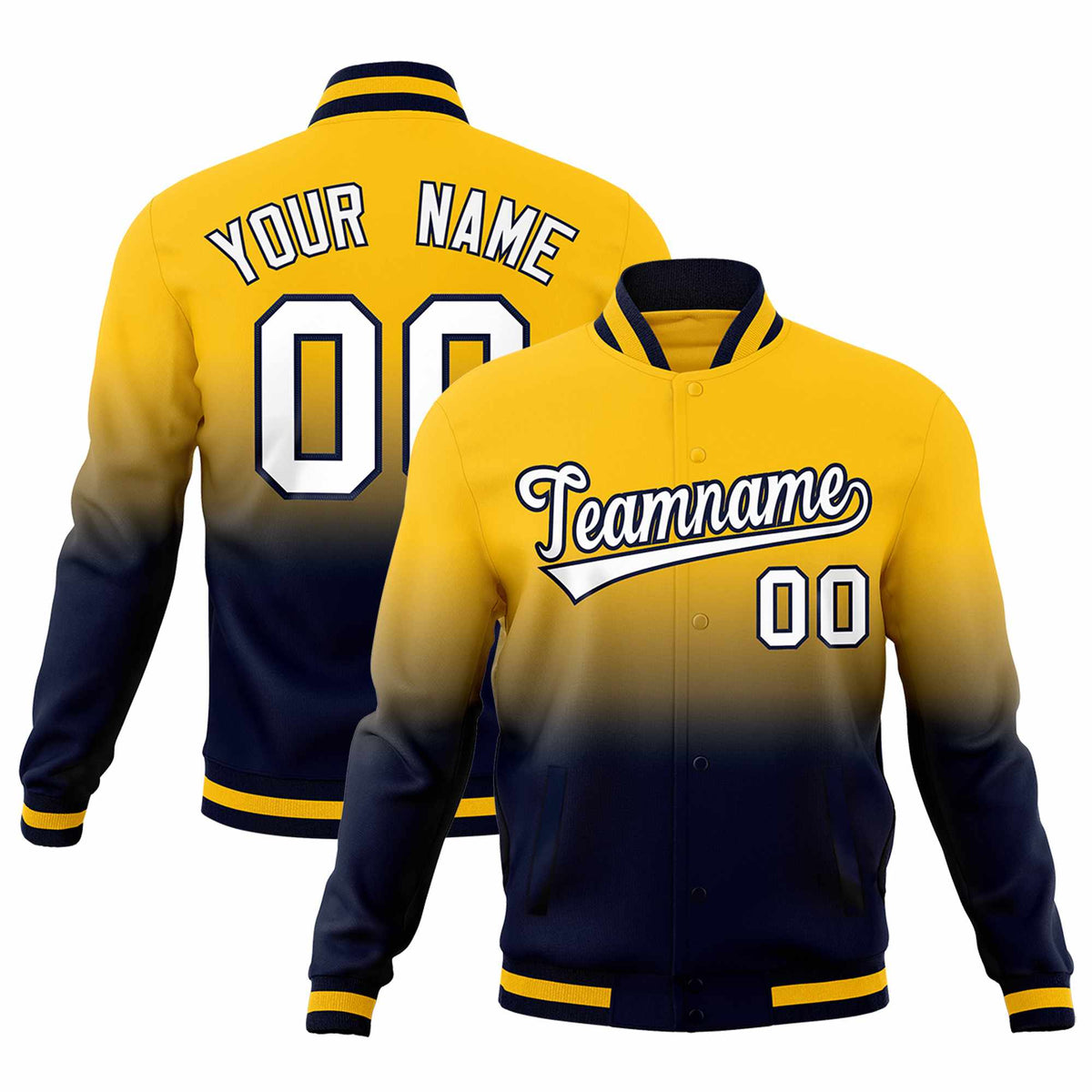Custom Navy Yellow Full-Snap Varsity Personalization Gradient Fashion Letterman Jacket| KXKSHOP