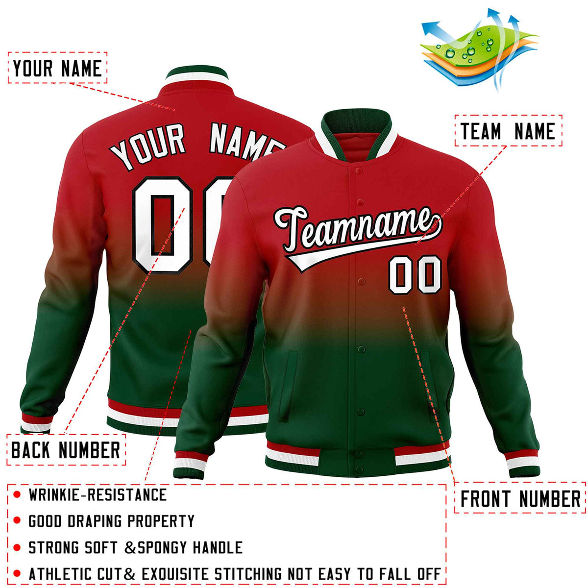 Custom Red Green Full-Snap Varsity Personalization Gradient Fashion Letterman Jacket| KXKSHOP