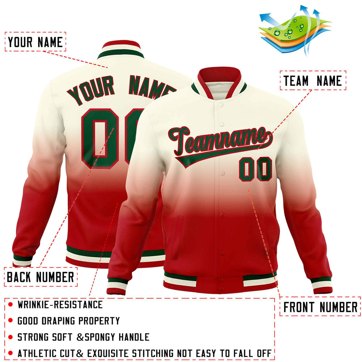 Custom Cream Red Full-Snap Varsity Personalization Gradient Fashion Letterman Jacket| KXKSHOP