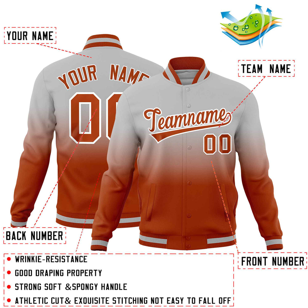 Custom Gray Dark Orange Full-Snap Varsity Personalization Gradient Fashion Letterman Jacket| KXKSHOP