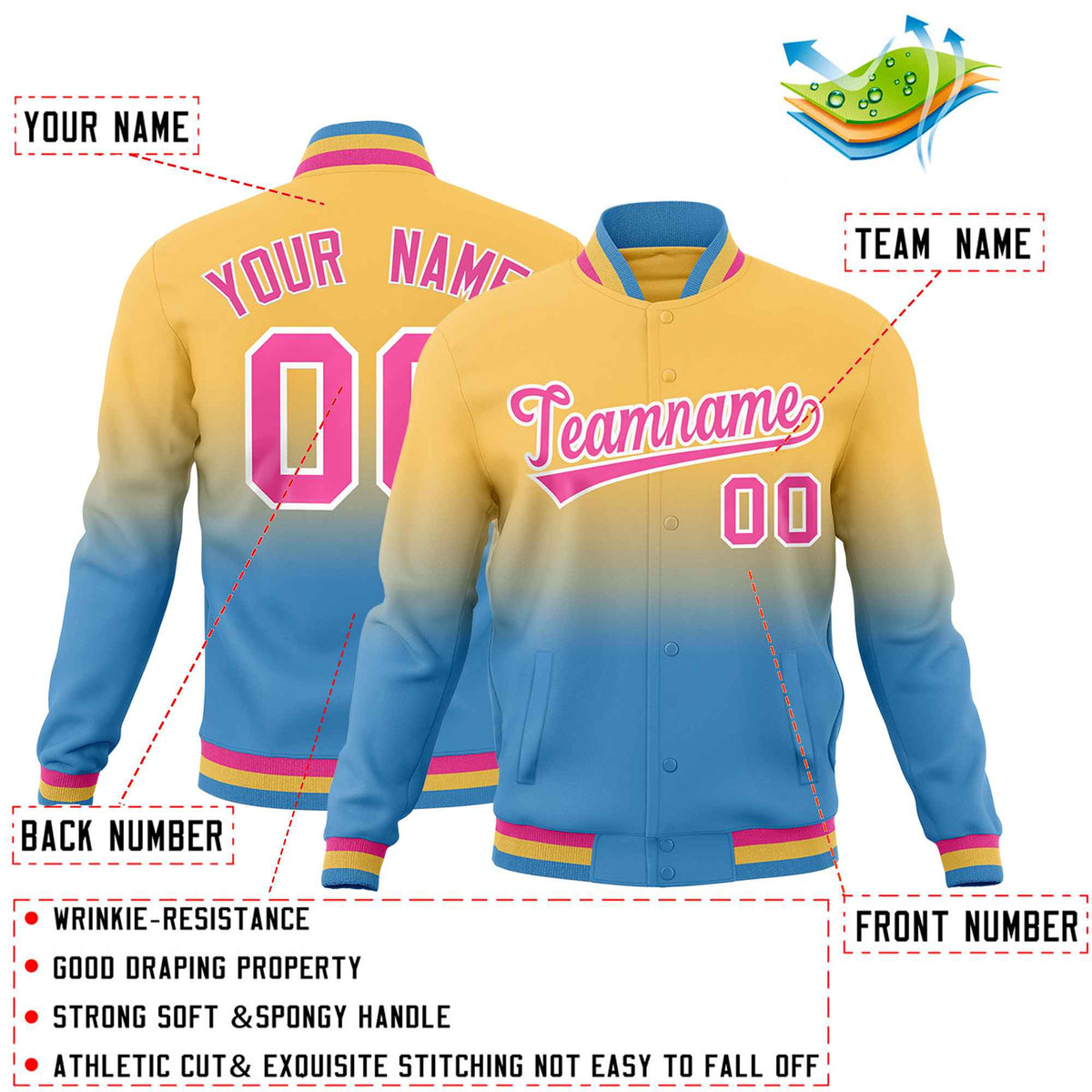 Custom Khaki Light blue Full-Snap Varsity Personalization Gradient Fashion Letterman Jacket| KXKSHOP