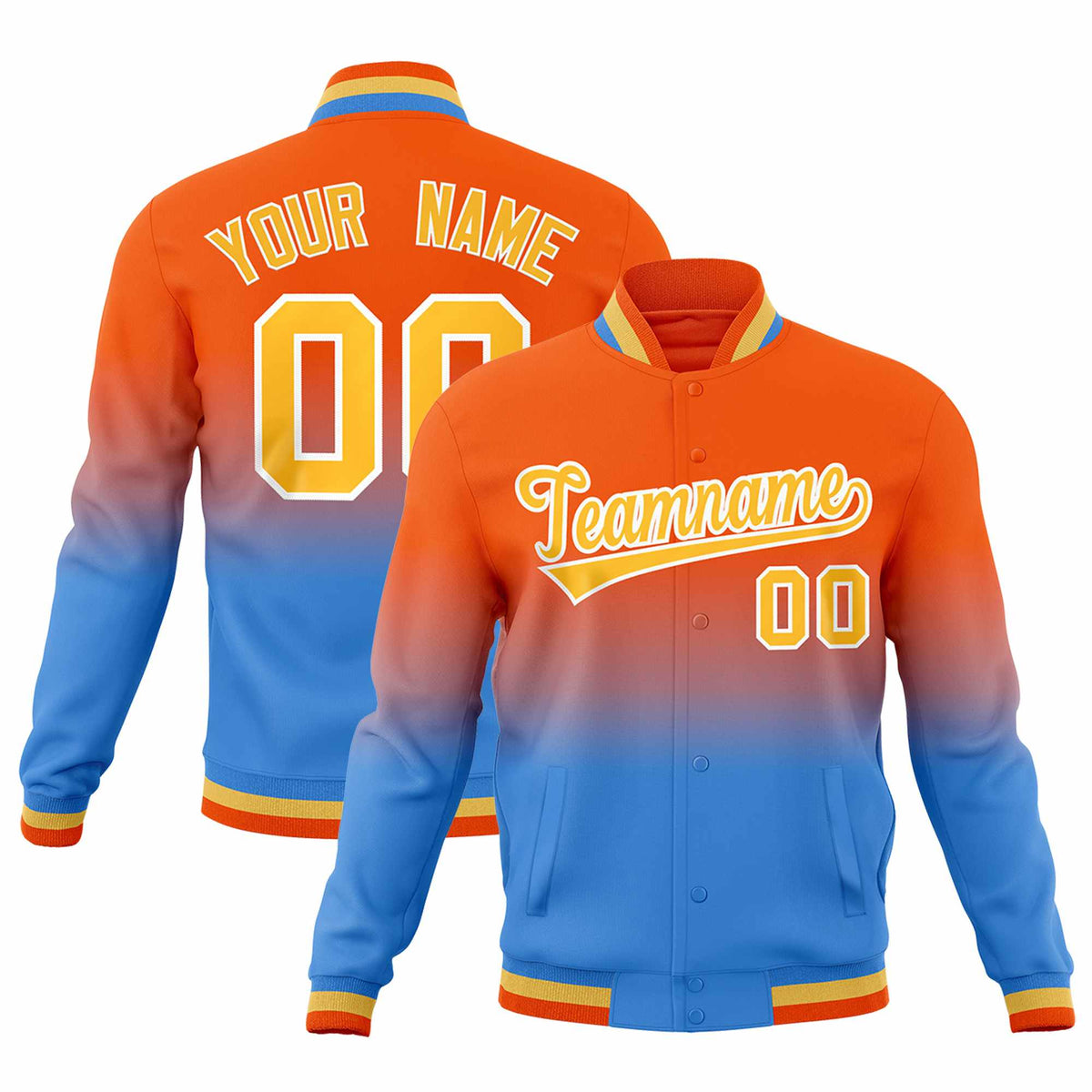 Custom Orange Powder Blue Full-Snap Varsity Personalization Gradient Fashion Letterman Jacket| KXKSHOP