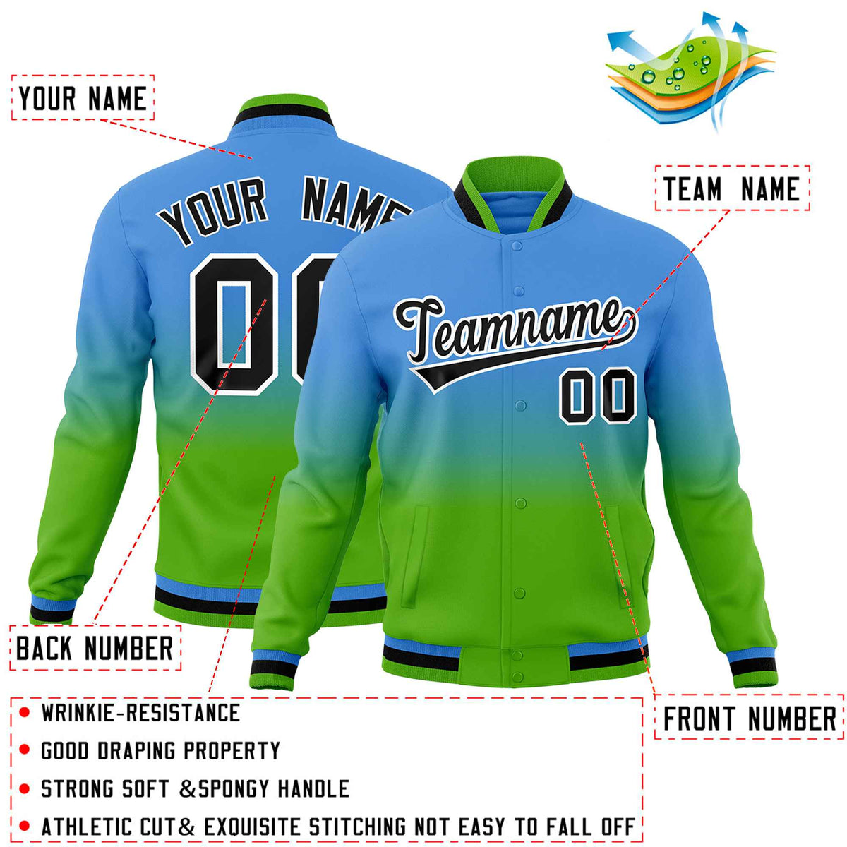 Custom Powder Blue Green Full-Snap Varsity Personalization Gradient Fashion Letterman Jacket| KXKSHOP