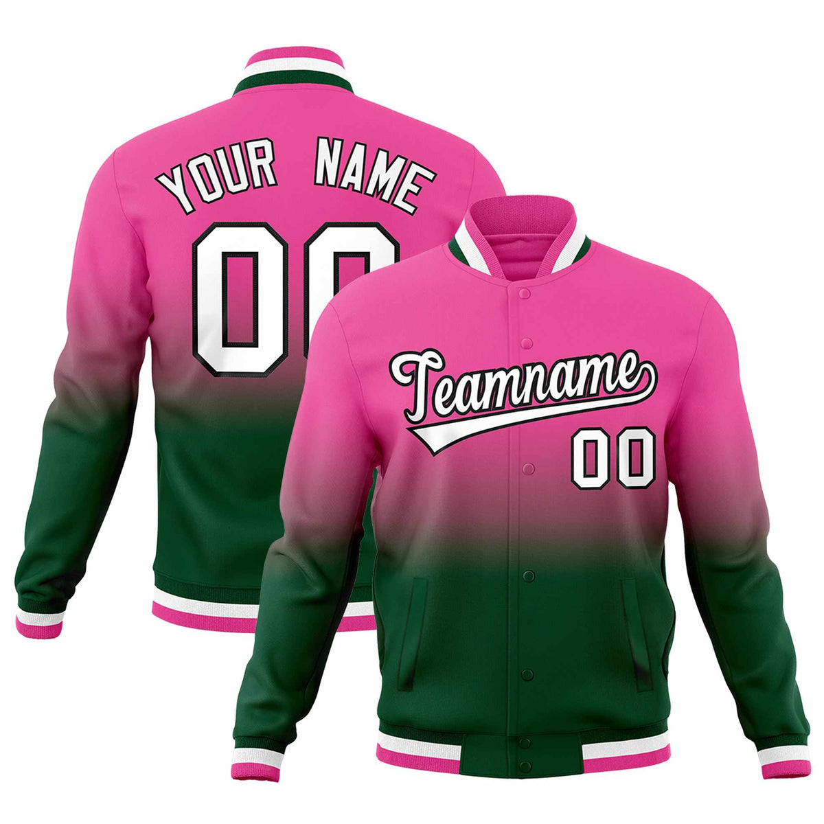 Custom Green Pink Full-Snap Varsity Personalization Gradient Fashion Letterman Jacket| KXKSHOP