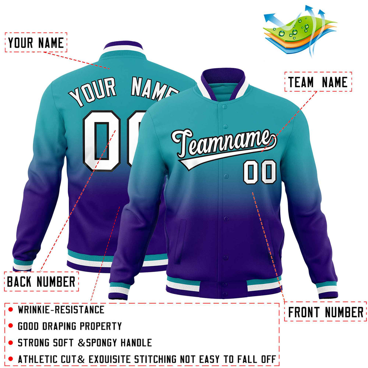 Custom Aqua Purple Full-Snap Varsity Personalization Gradient Fashion Letterman Jacket| KXKSHOP