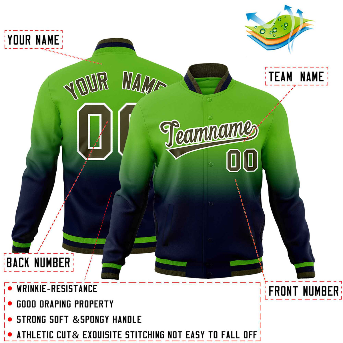 Custom Green Navy Full-Snap Varsity Personalization Gradient Fashion Letterman Jacket| KXKSHOP