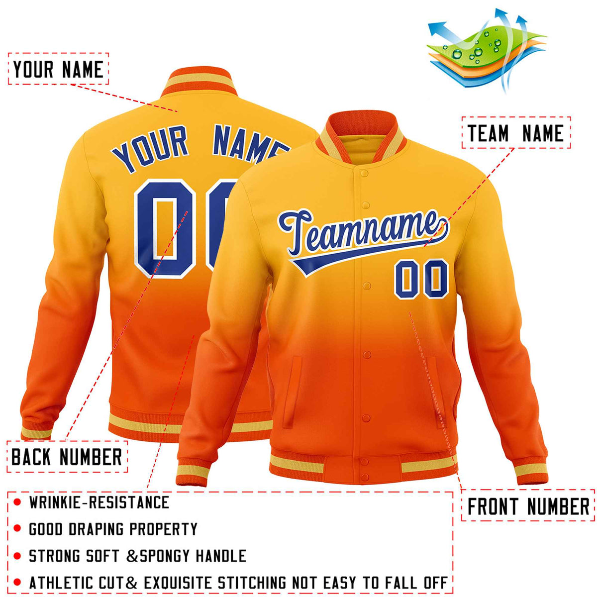 Custom Orange Gold Full-Snap Varsity Personalization Gradient Fashion Letterman Jacket| KXKSHOP