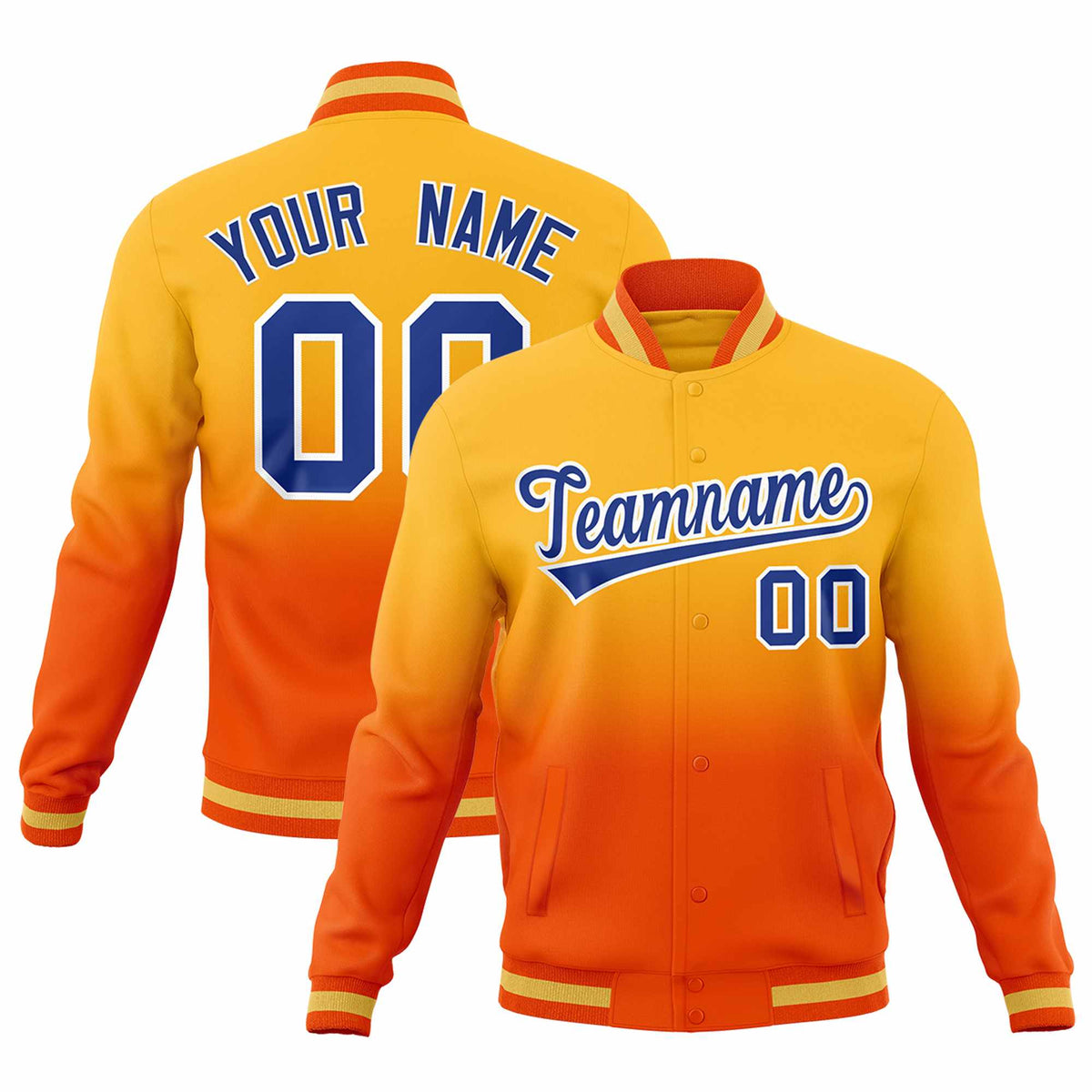 Custom Orange Gold Full-Snap Varsity Personalization Gradient Fashion Letterman Jacket| KXKSHOP