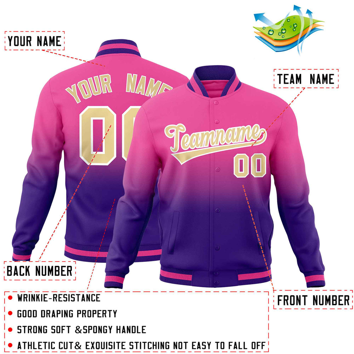 Custom Pink Purple Full-Snap Varsity Personalization Gradient Fashion Letterman Jacket| KXKSHOP