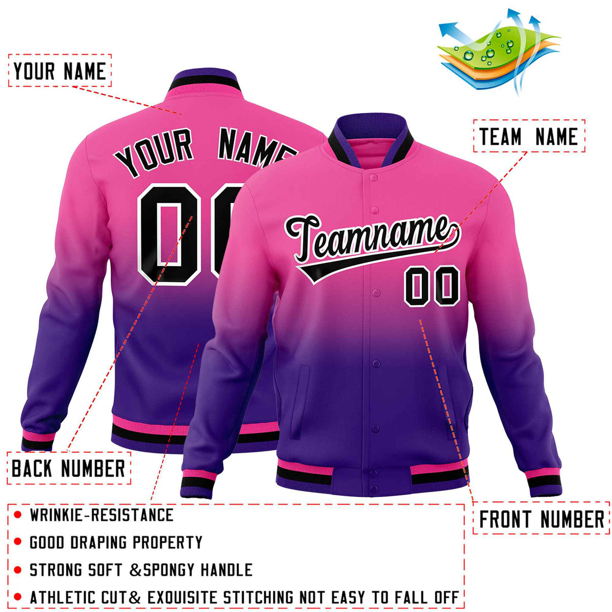 Custom Pink Purple Full-Snap Varsity Personalization Gradient Fashion Letterman Jacket| KXKSHOP