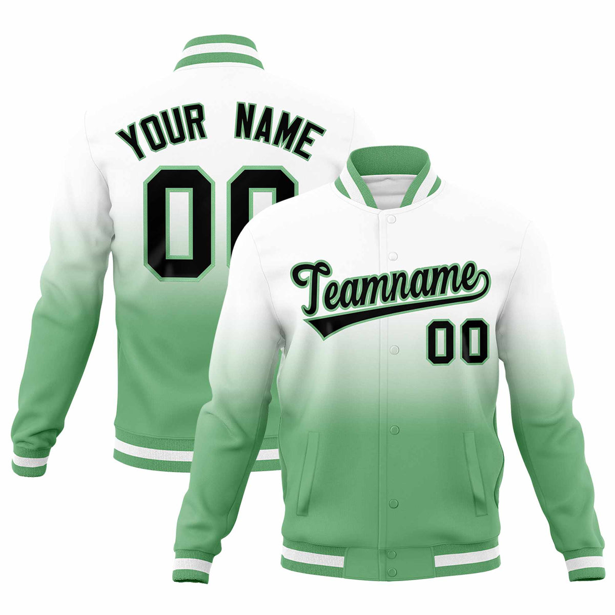 Custom White Green Full-Snap Varsity Personalization Gradient Fashion Letterman Jacket| KXKSHOP