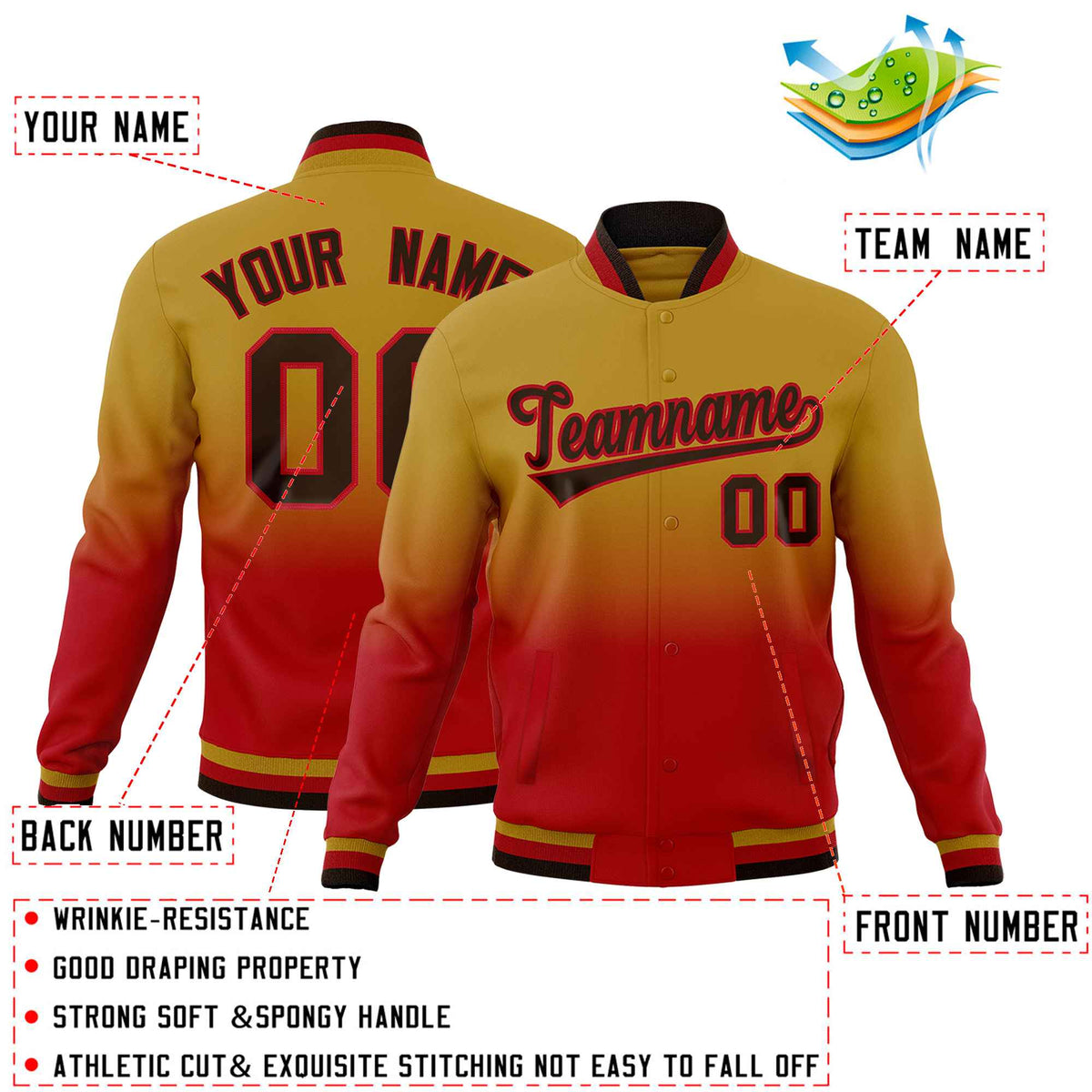 Custom Old Gold Red Full-Snap Varsity Personalization Gradient Fashion Letterman Jacket| KXKSHOP