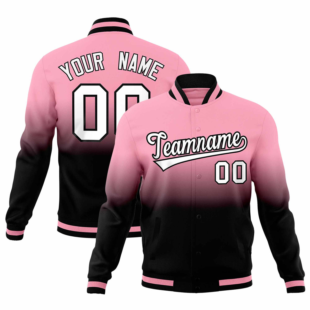 Custom Light Pink Black Full-Snap Varsity Personalization Gradient Fashion Letterman Jacket| KXKSHOP