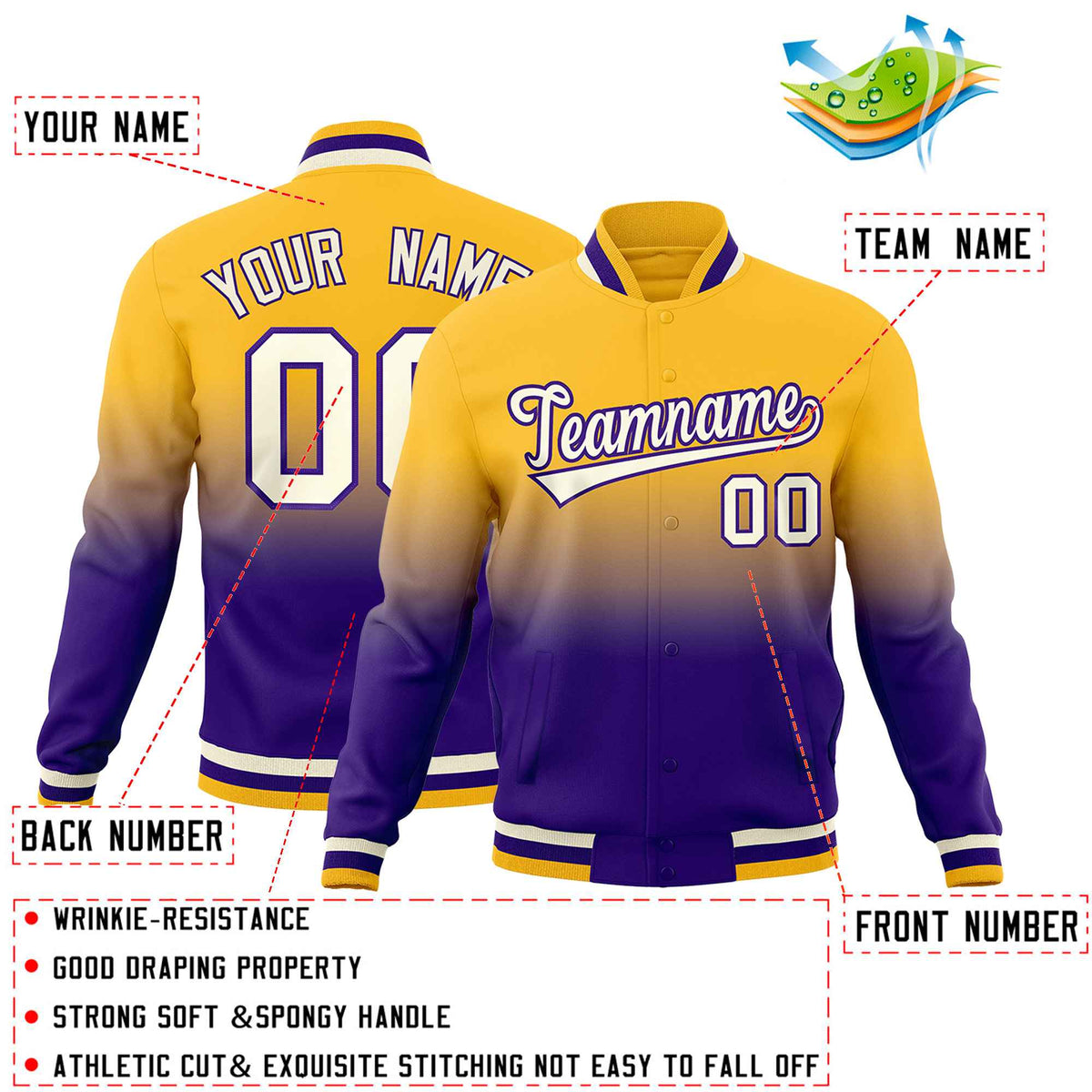 Custom Purple Gold Full-Snap Varsity Personalization Gradient Fashion Letterman Jacket| KXKSHOP