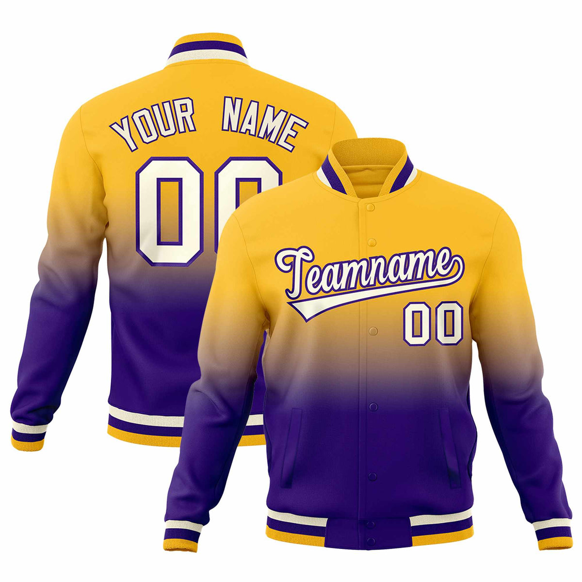 Custom Purple Gold Full-Snap Varsity Personalization Gradient Fashion Letterman Jacket| KXKSHOP