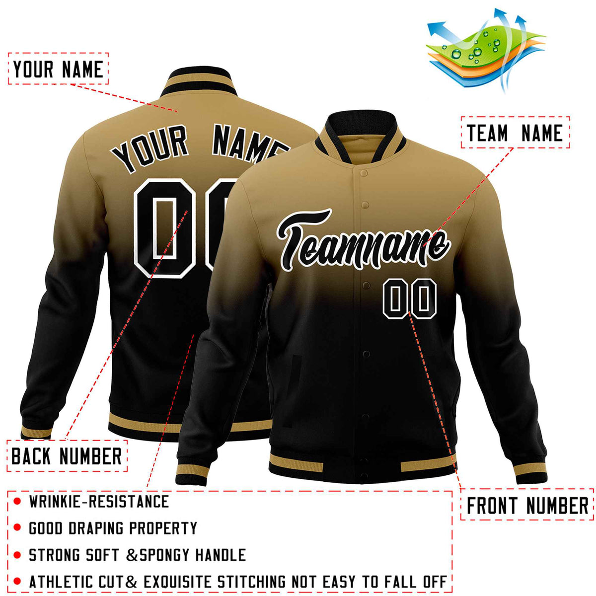 Custom Old Gold Black Full-Snap Varsity Personalization Gradient Fashion Letterman Jacket