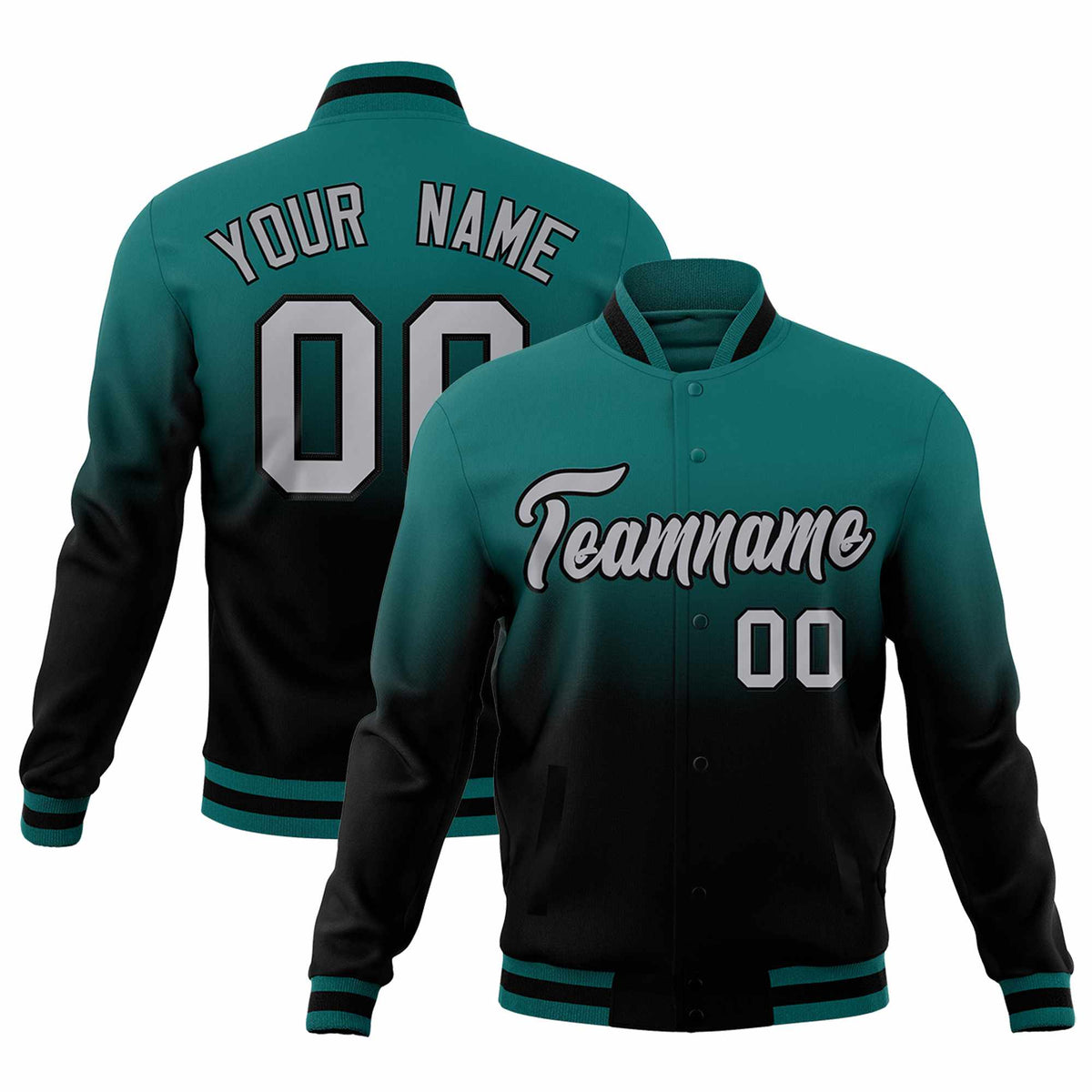 Custom Teal Black Full-Snap Varsity Personalization Gradient Fashion Letterman Jacket
