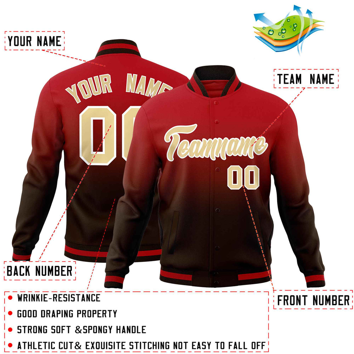 Custom Brown Red Full-Snap Varsity Personalization Gradient Fashion Letterman Jacket