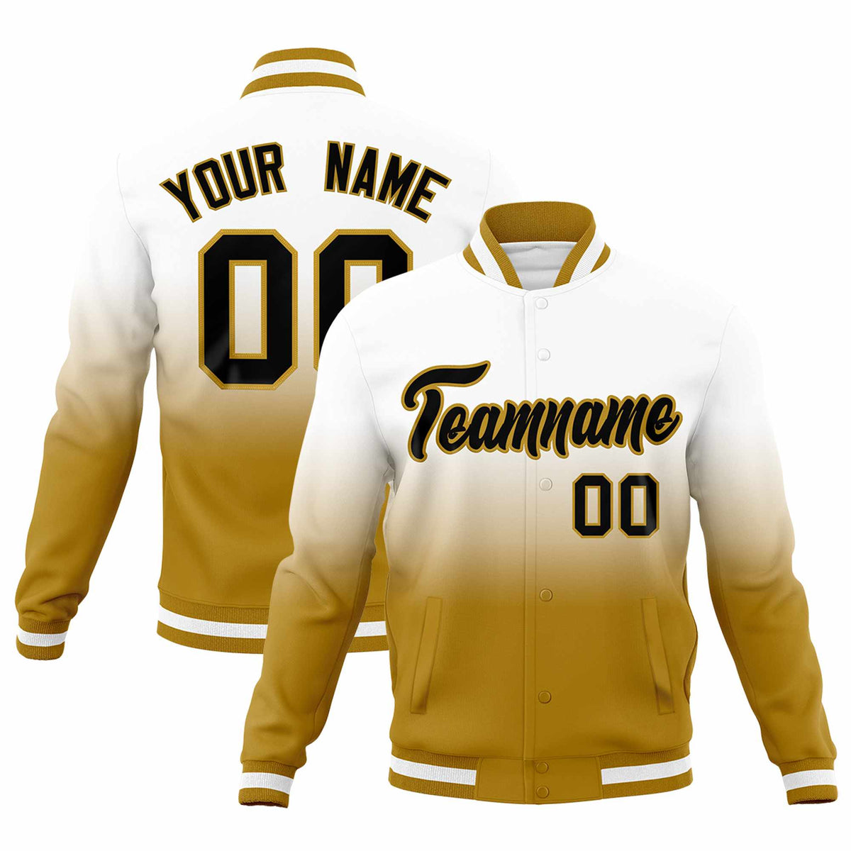 Custom White Old Gold Full-Snap Varsity Personalization Gradient Fashion Letterman Jacket