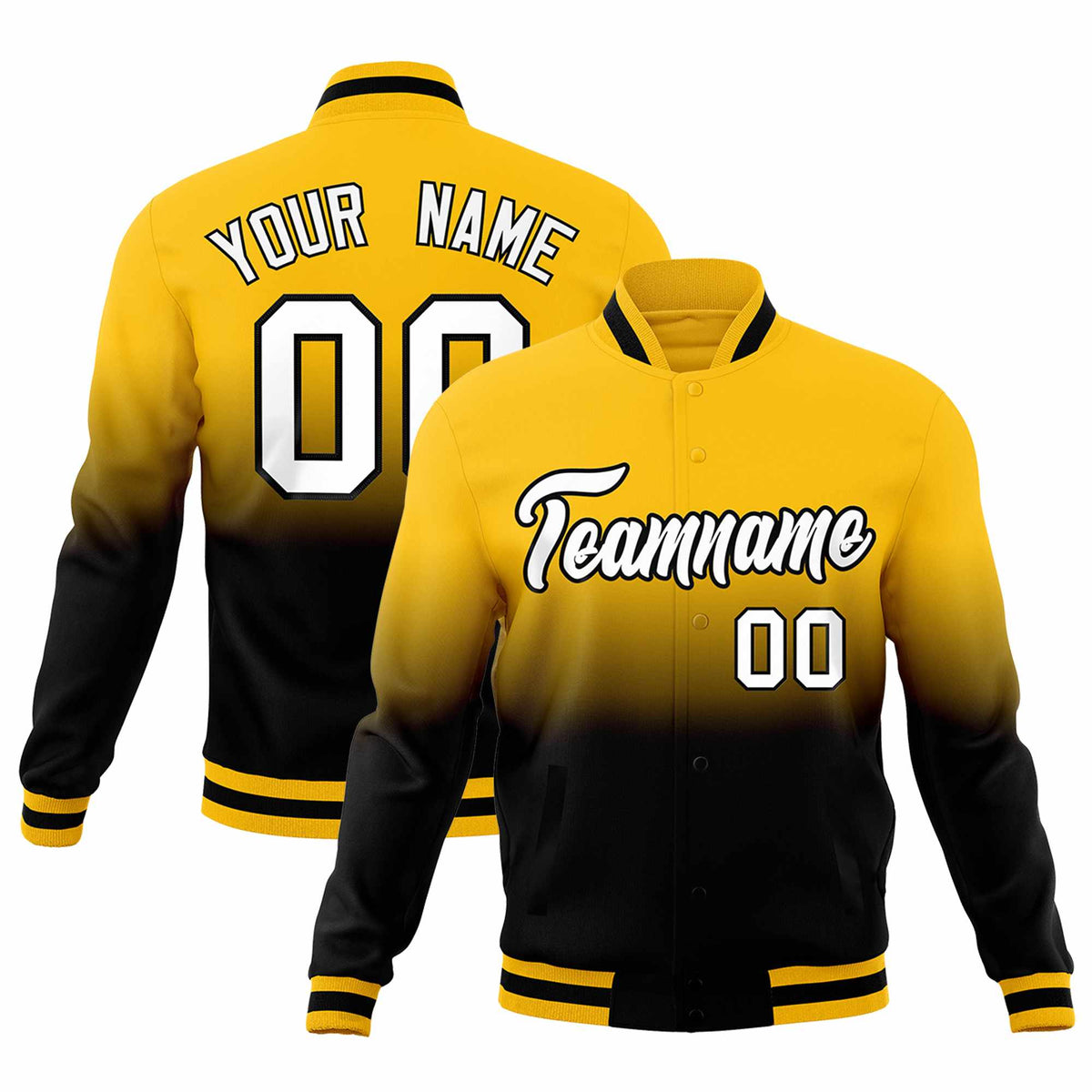Custom Black Yellow Full-Snap Varsity Personalization Gradient Fashion Letterman Jacket