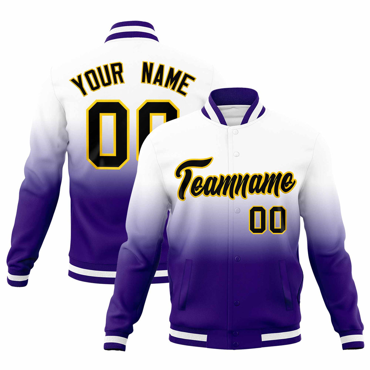 Custom White Purple Full-Snap Varsity Personalization Gradient Fashion Letterman Jacket