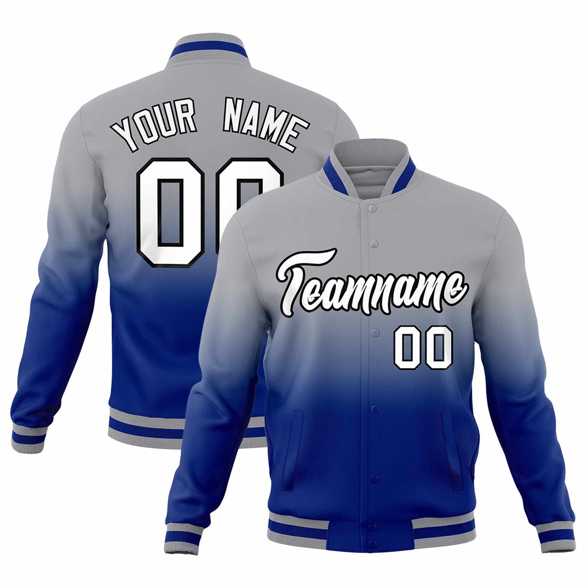 Custom Gray Royal Blue Full-Snap Varsity Personalization Gradient Fashion Letterman Jacket