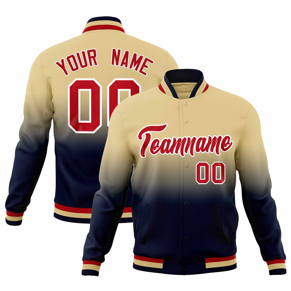 Custom Khaki Navy Full-Snap Varsity Personalization Gradient Fashion Letterman Jacket
