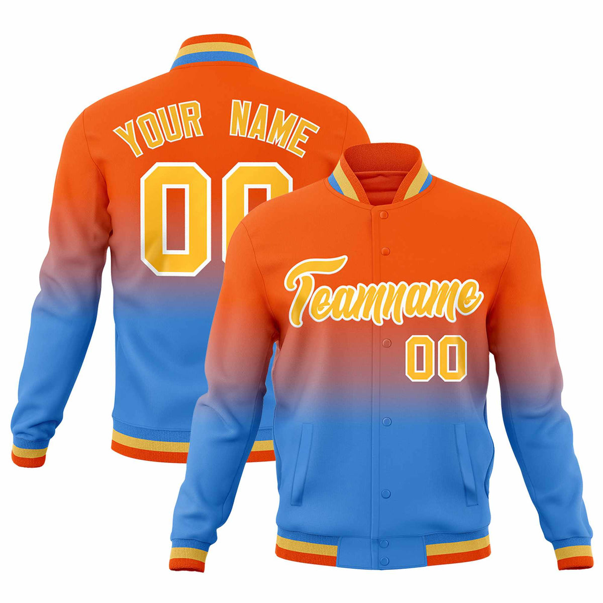 Custom Orange Powder Blue Full-Snap Varsity Personalization Gradient Fashion Letterman Jacket