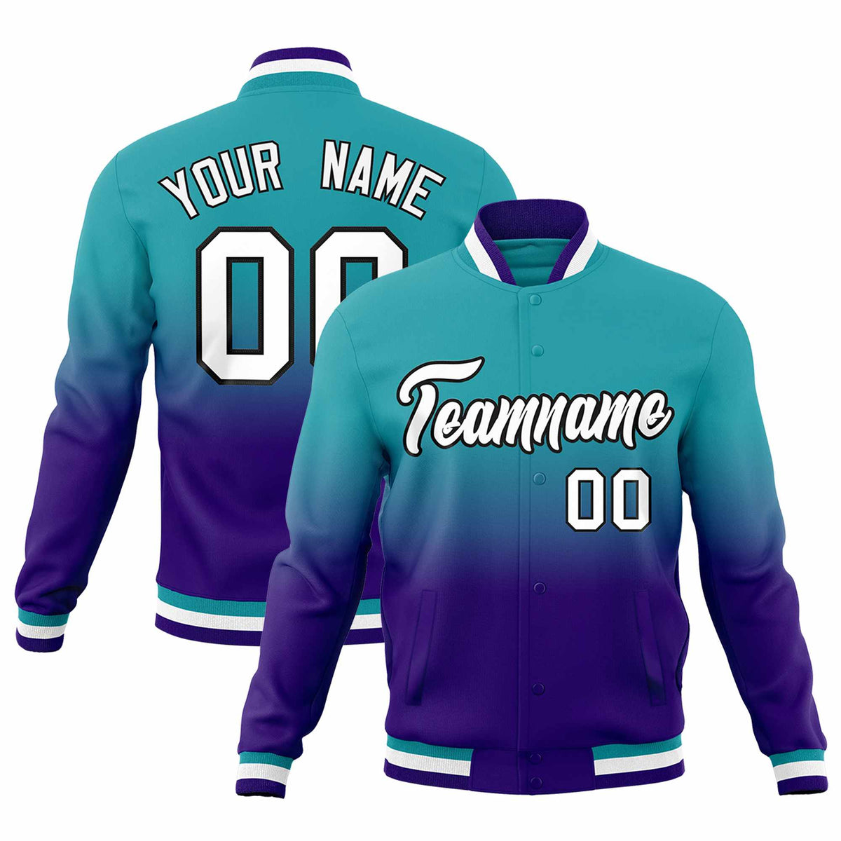 Custom Aqua Purple Full-Snap Varsity Personalization Gradient Fashion Letterman Jacket