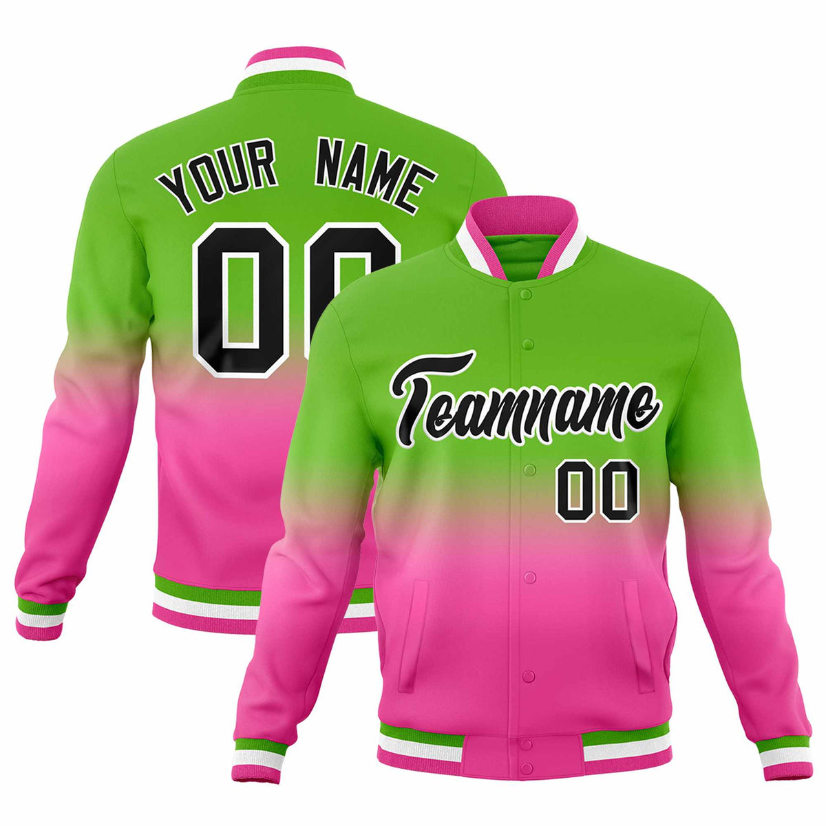 Custom Green Pink Full-Snap Varsity Personalization Gradient Fashion Letterman Jacket