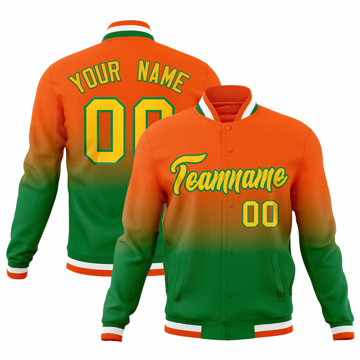 Custom Kelly Green Orange Full-Snap Varsity Personalization Gradient Fashion Letterman Jacket