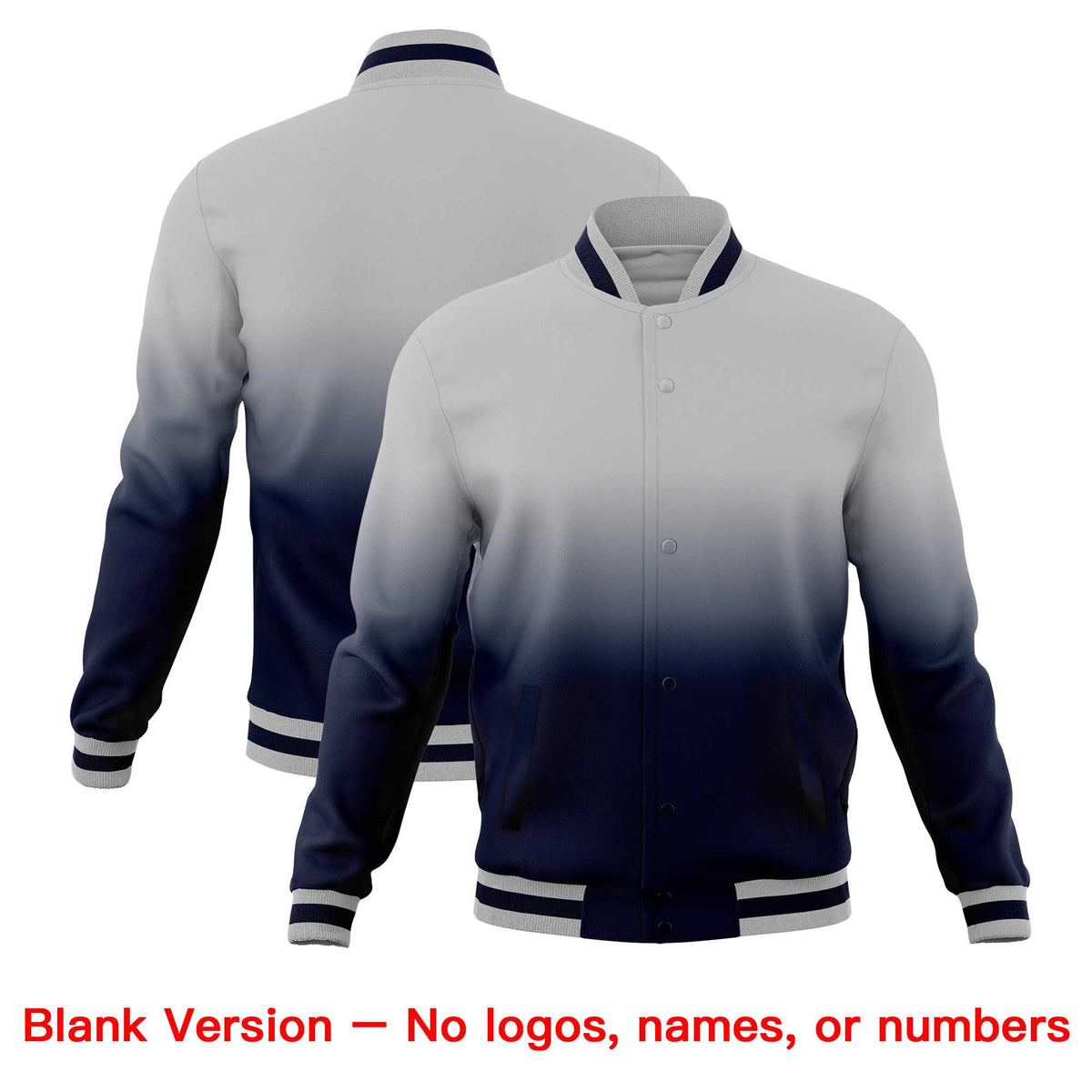 Custom Gray Navy Full-Snap Varsity Personalization Gradient Fashion Letterman Jacket