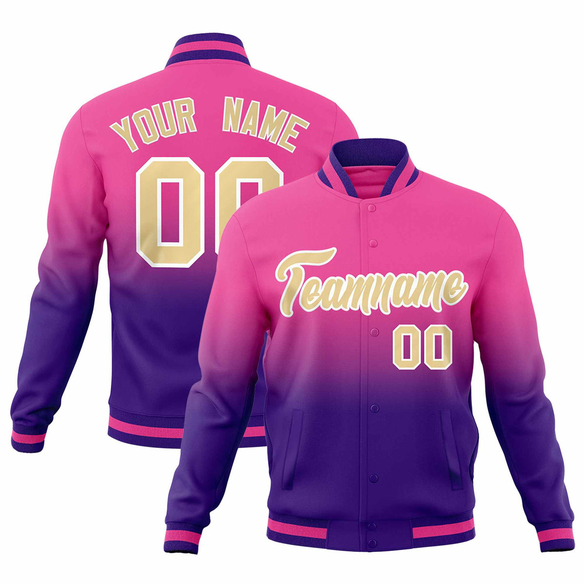 Custom Pink Purple Full-Snap Varsity Personalization Gradient Fashion Letterman Jacket