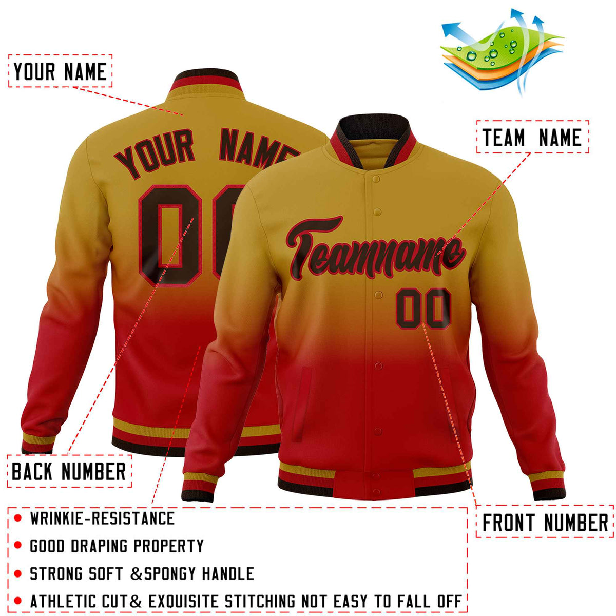 Custom Old Gold Red Full-Snap Varsity Personalization Gradient Fashion Letterman Jacket