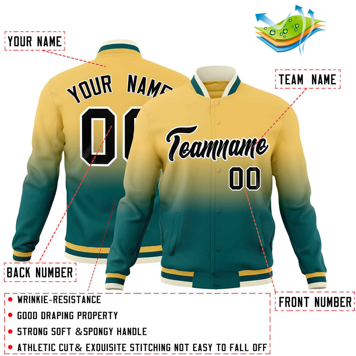 Custom Khaki Teal Full-Snap Varsity Personalization Gradient Fashion Letterman Jacket