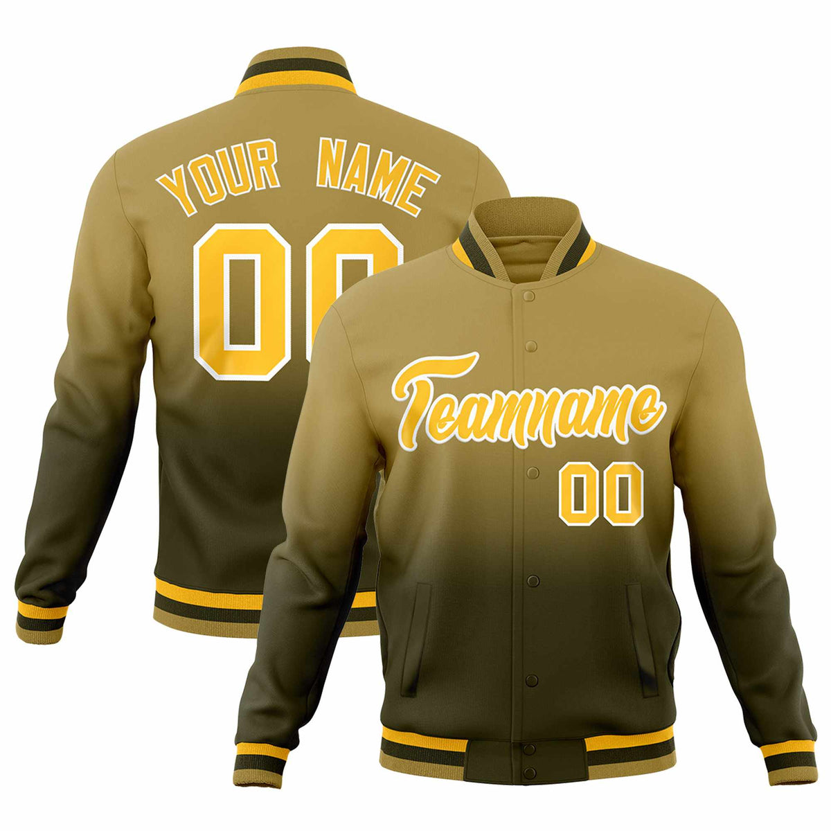 Custom Olive Desert Yellow Full-Snap Varsity Personalization Gradient Fashion Letterman Jacket
