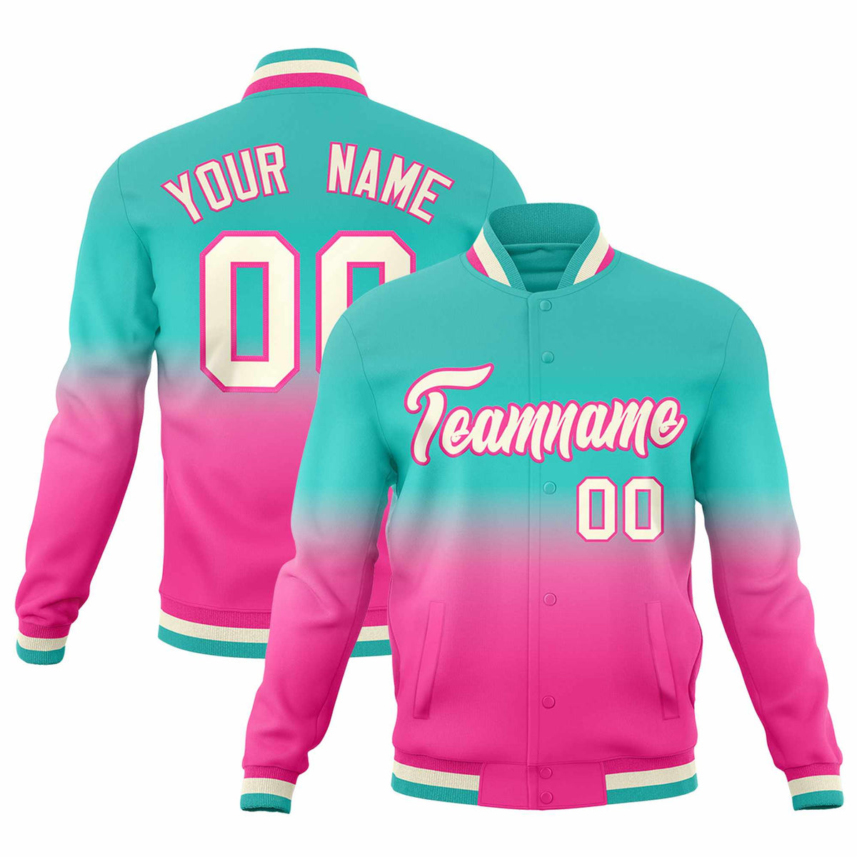 Custom Pink Bright Green Full-Snap Varsity Personalization Gradient Fashion Letterman Jacket