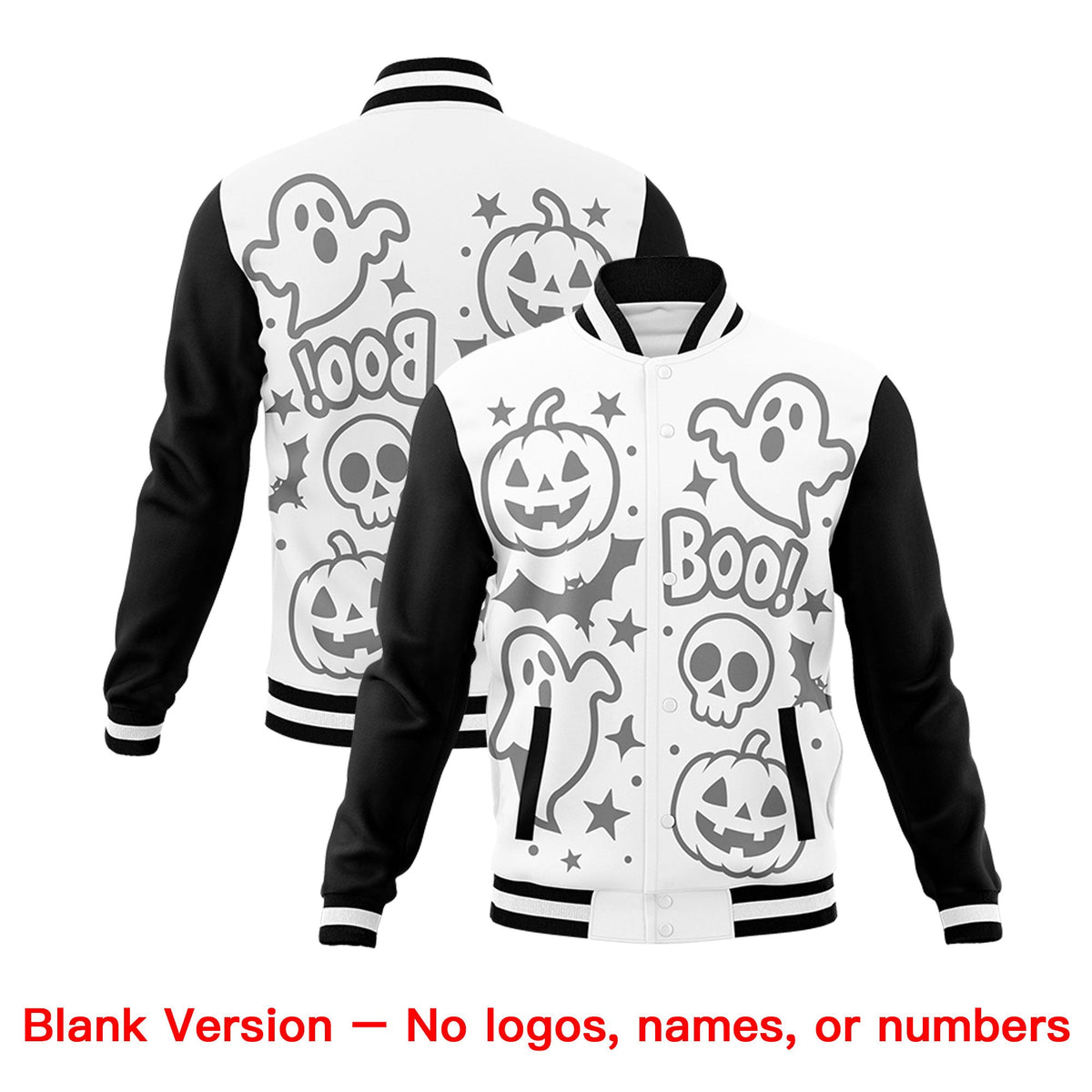 Custom White Black Orange Bats Pumpkins Ghost Patterns Halloween Letterman Jacket | Custom Letterman Jacket,Add Name and Numbern,Sublimation Printed &amp; Stitched,Perfect for Parties | KXKSHOP