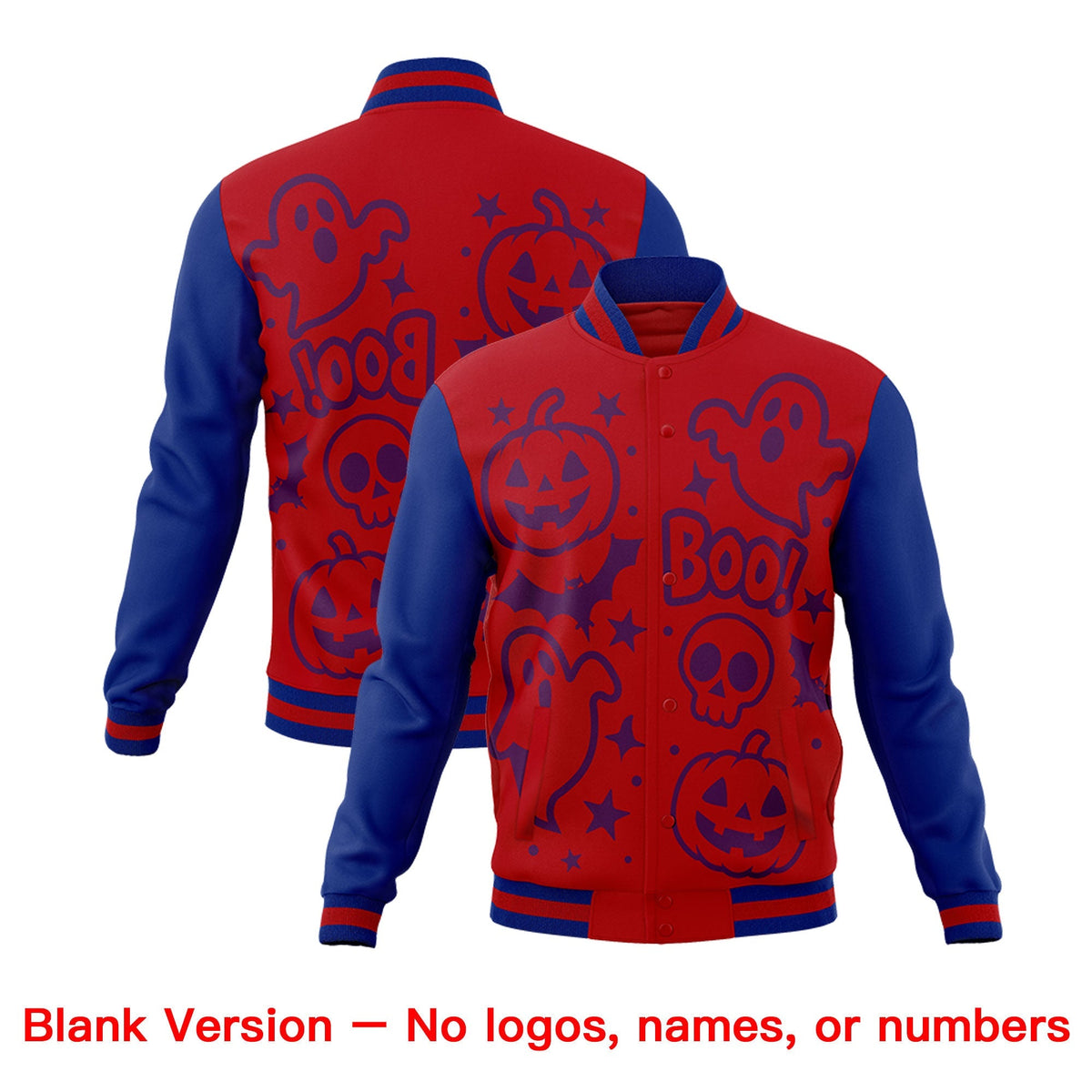 Custom Royal Red Royal Blue Bats Pumpkins Ghost Patterns Halloween Letterman Jacket | Custom Letterman Jacket,Add Name and Numbern,Sublimation Printed &amp; Stitched,Perfect for Parties | KXKSHOP